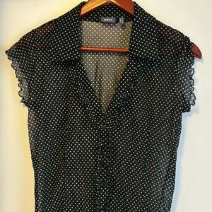 MEXX Women's Sheer black and white polka dot short button sleeve top - Small